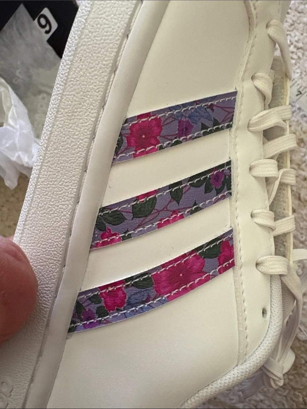 adidas Women’s Grand Court White Sneakers with Pink & Purple Stripes